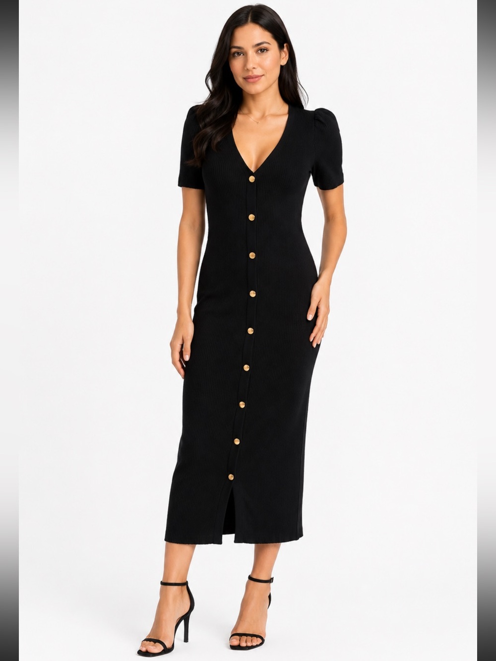 Say What? Black Ribbed Midi Dress Gold Buttons Puff Sleeve L
